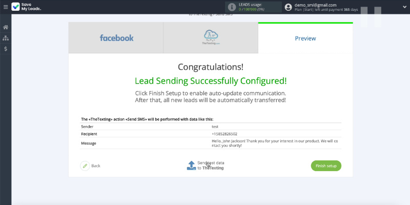 Facebook and The Texting integration | Sending test data