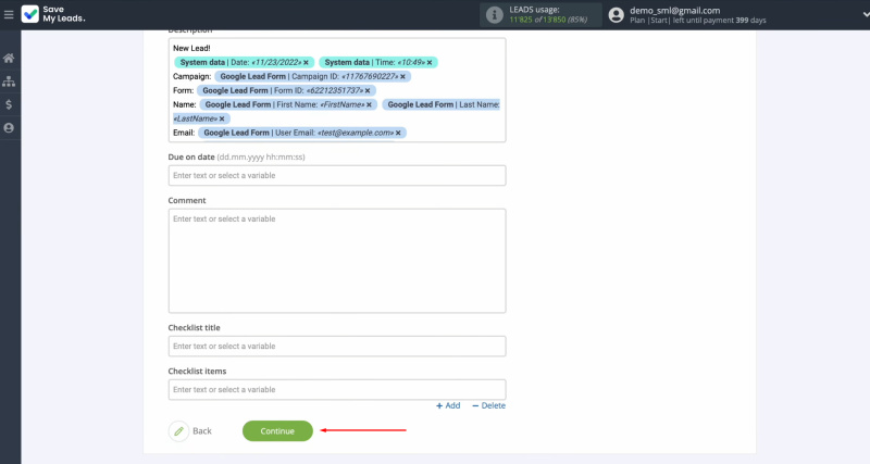 Google Lead Form and Trello integration | Once all settings are complete, click "Continue"