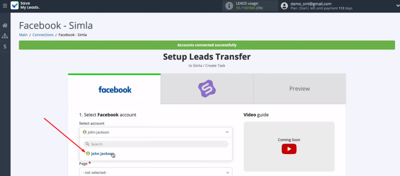 Facebook and Simla integration | Select Facebook account