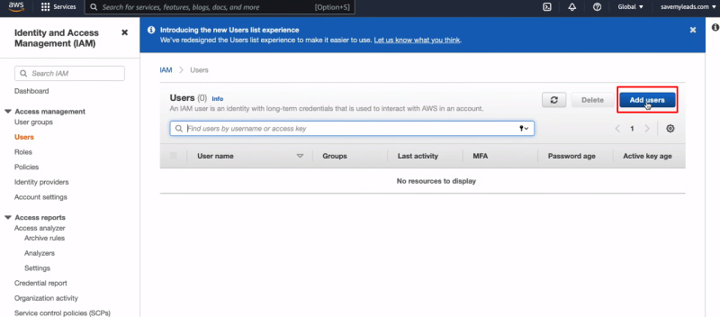 Facebook and Amazon DynamoDB integration | Click "Add users"