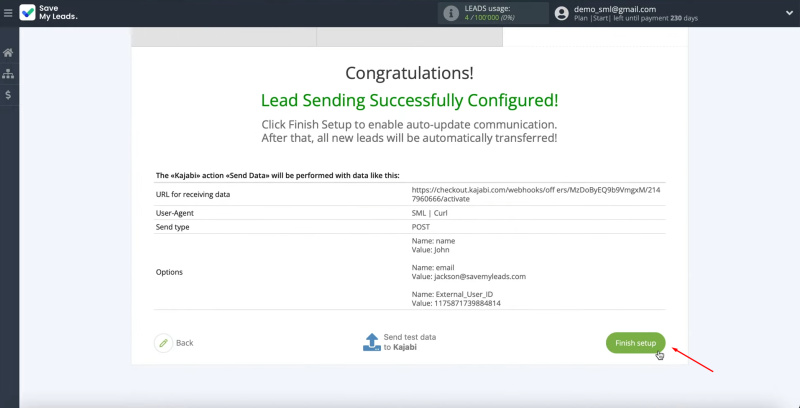 Facebook Leads Ads and Kajabi integration | Click “Finish setup”