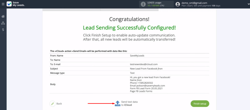 Facebook and iCloud integration | Send test data to iCloud