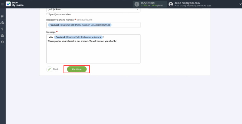 Salesmsg and Facebook integration | Click "Continue"