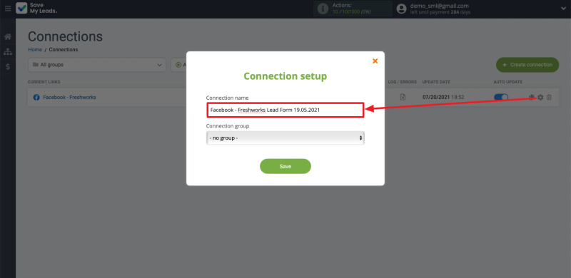 Facebook and Freshworks integration | Editing the name of the connection