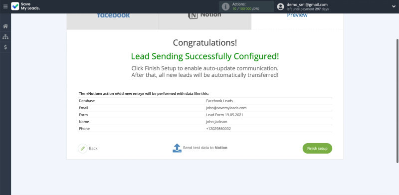 How to set up the upload of new leads from your Facebook ad account to Notion |&nbsp;Example of lead data part 2