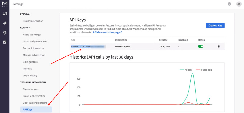 Facebook and Mailigen integration | Copy the API Key