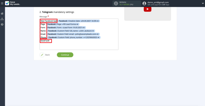 How to set up the upload of new leads from a Facebook advertising account in Telegram | Adding arbitrary text