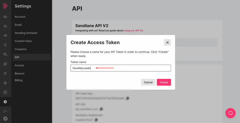 Sendlane and Facebook integration | Specify a name for the new token