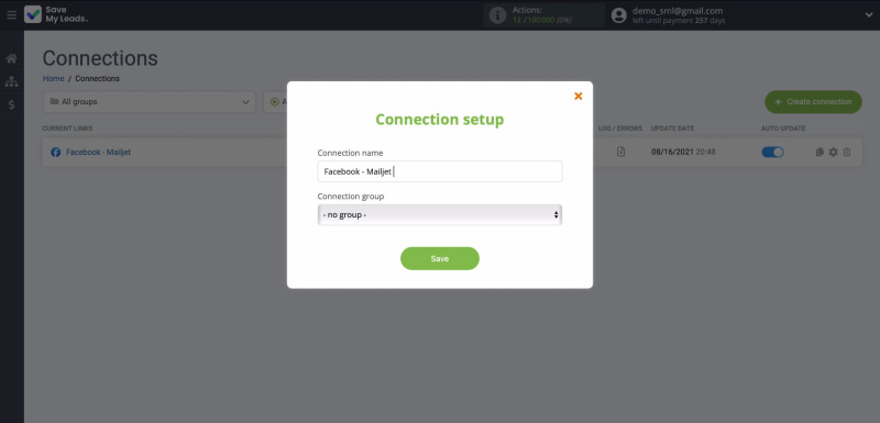Facebook and Mailjet integration | Connection name change