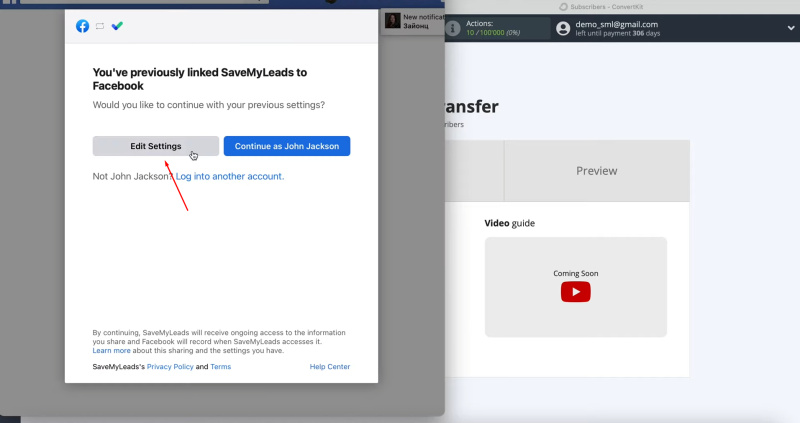 Facebook and ConvertKit integration | Click “Edit Settings”