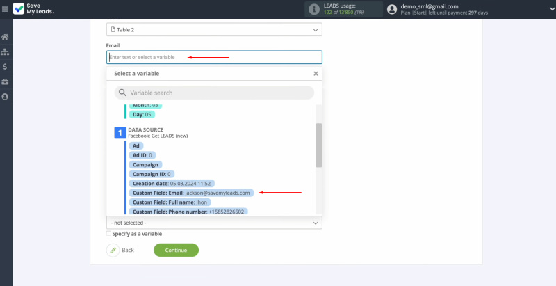 Airtable and Facebook integration | Select the appropriate variable from the drop-down list