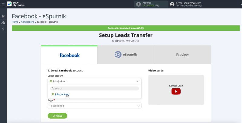 How to Send E-Mail via eSputnik from New Facebook Leads | Select your account