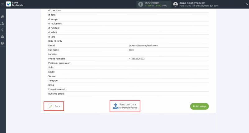 PeopleForce and Facebook integration | Click “Send test data to PeopleForce”