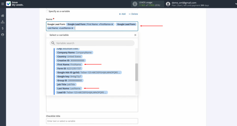 Google Lead Form and Trello integration | Select the appropriate variables from the drop-down list