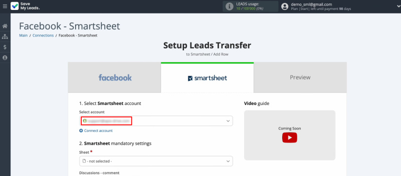 Facebook Lead Ads and Smartsheet integration | Select the Smartsheet account