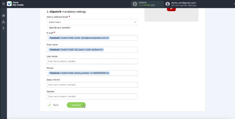 How to Send E-Mail via eSputnik from New Facebook Leads | Fill in the fields with variables