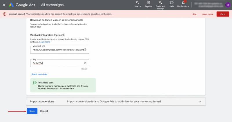 Google Lead Form and Trello integration | Click "Save"