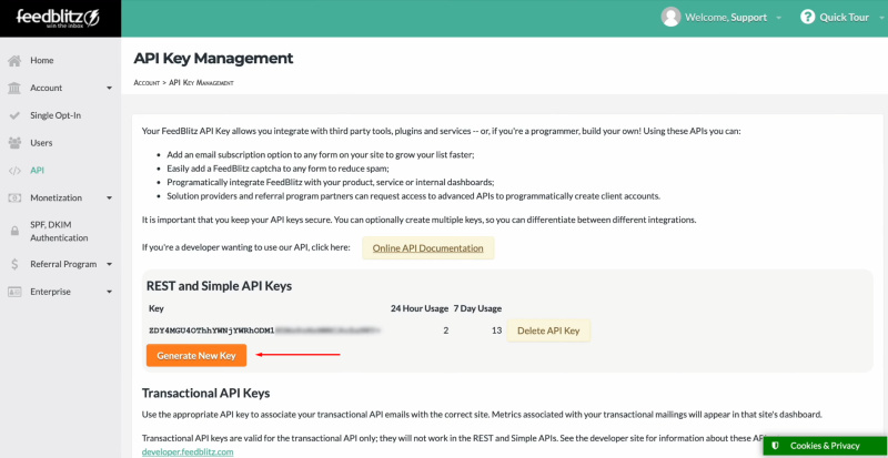FeedBlitz and Facebook integration | Click “Generate New Key”