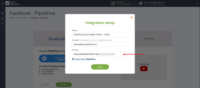 Facebook and Pipedrive integration | Fill in the API Key field