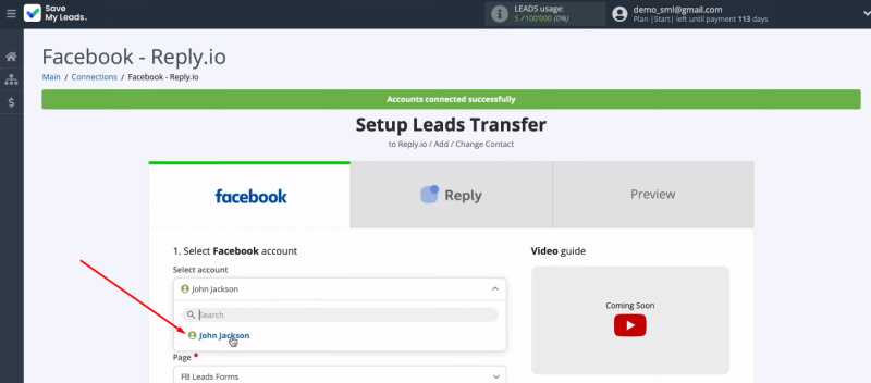 Facebook and Reply integration | Select the desired account