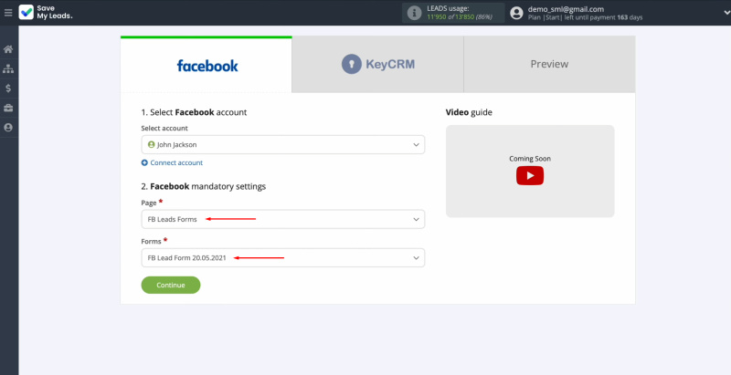 Facebook and KeyCRM integration | Select the advertising page and the form