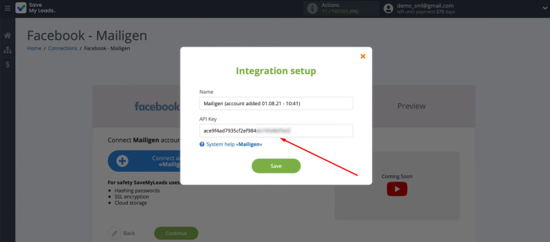 Facebook and Mailigen integration | Insert the API key