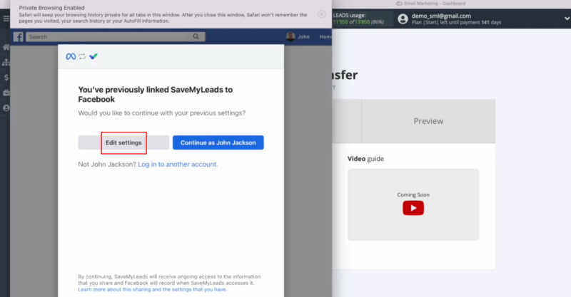 Elastic Email and Facebook integration | Click “Edit settings”