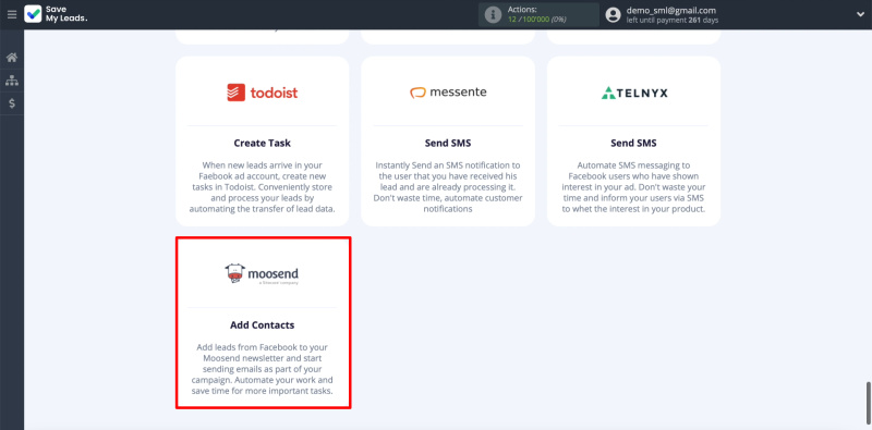 How to set up the upload of new leads from your Facebook ad account in Moosend | Choosing integration with Moosend