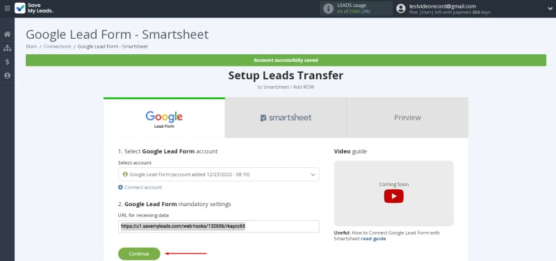 Google Lead Form and Smartsheet integration | Return to the SaveMyLeads to continue setting up