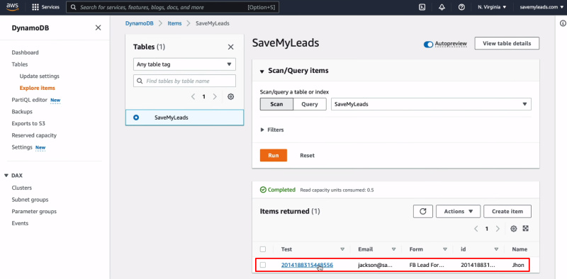 Facebook and Amazon DynamoDB integration | The test item
