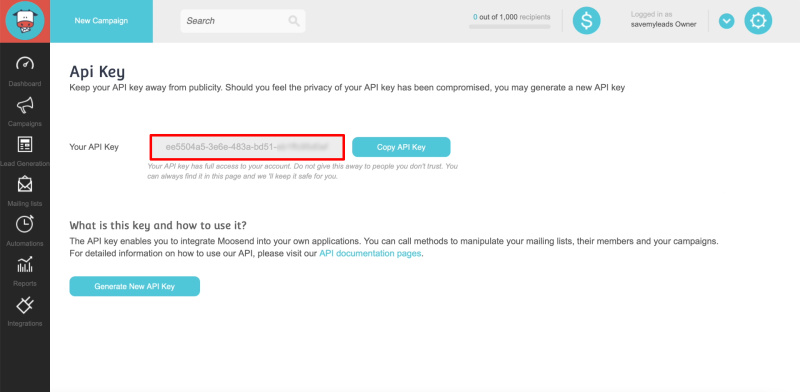 How to set up the upload of new leads from your Facebook ad account in Moosend | Copying the API key