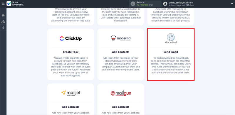 How to Set Up Auto-Send Messages to New Leads on Facebook via MoonMail | Choosing integration with MoonMail