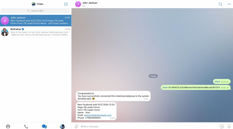 Facebook and Telegram integration | Result of connecting