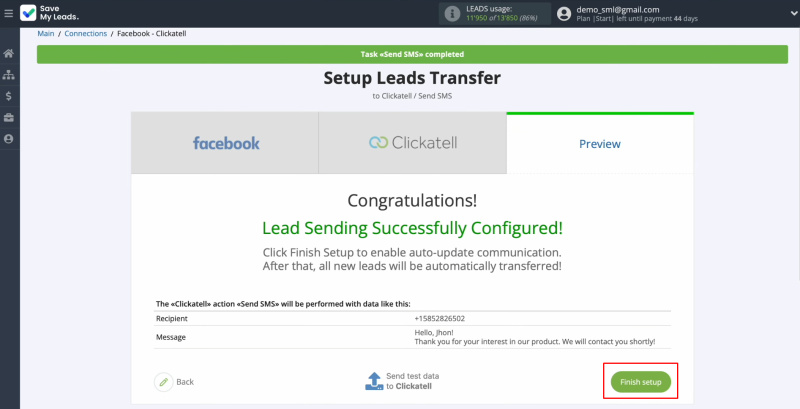 Facebook and Clickatell integration | Click “Finish setup”