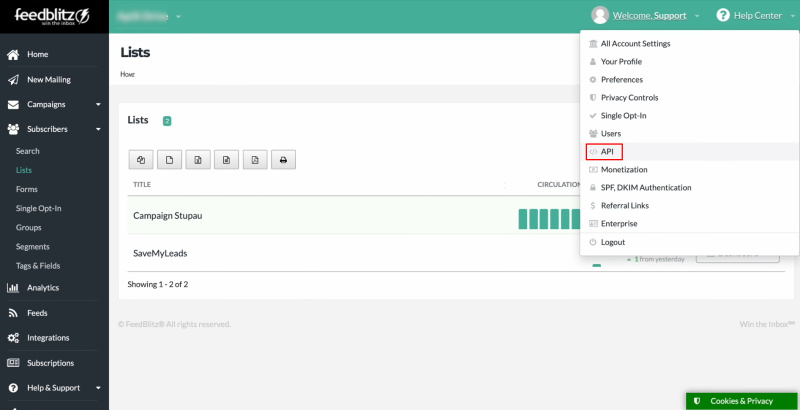 FeedBlitz and Facebook integration | Go to your FeedBlitz personal account