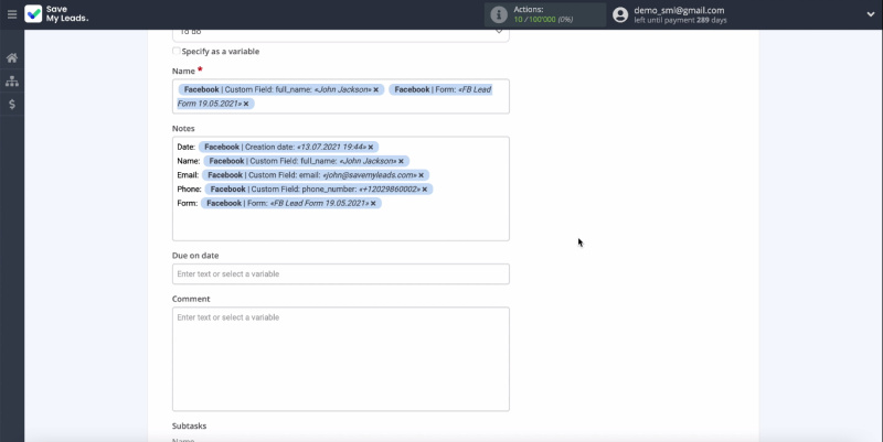 Transfer leads from Facebook Lead Ads to Asana | Fill in the fields with variables