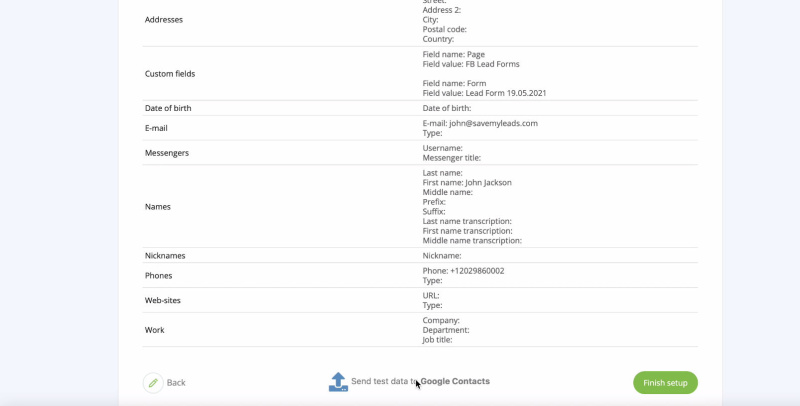 Facebook and Google Contacts integration | Click Send Test Data to Google Contacts