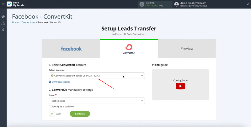 Facebook and ConvertKit integration | Select the connected account