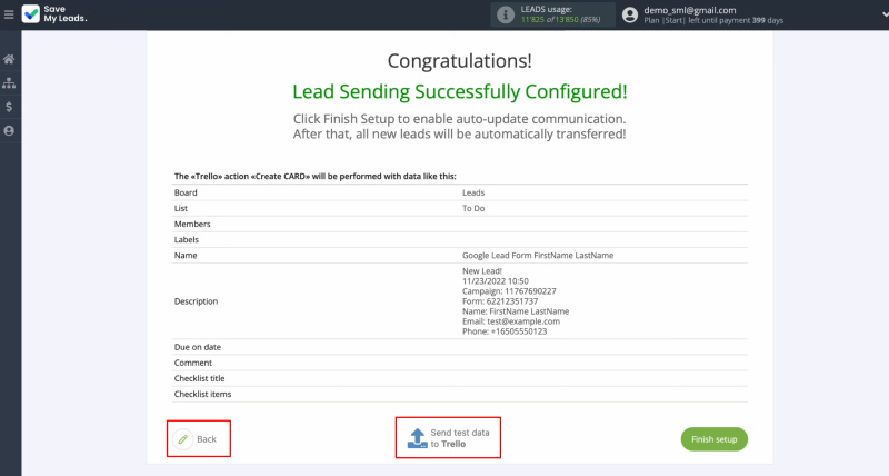 Google Lead Form and Trello integration | To check the correctness of the settings, click "Send Test Data to Trello"