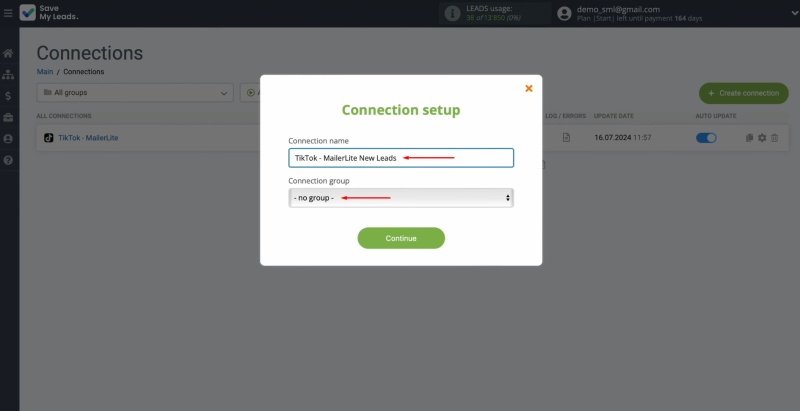 How to connect TikTok to MailerLite | Give the connection a new name and add it to a group