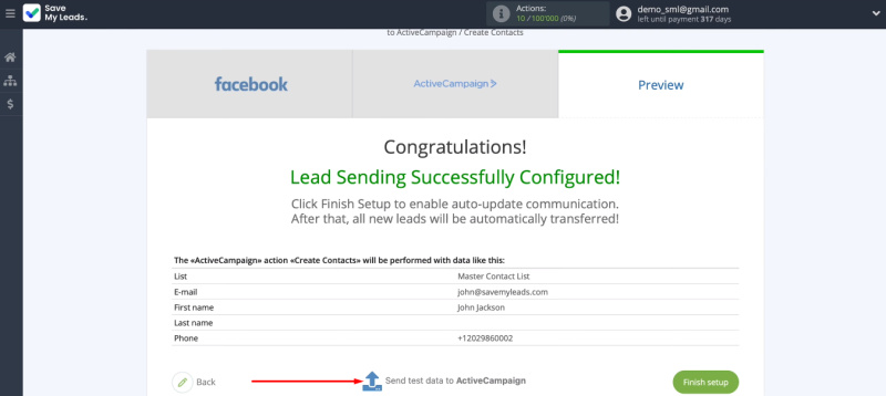 Facebook and ActiveCampaign integration | Send test data&nbsp;