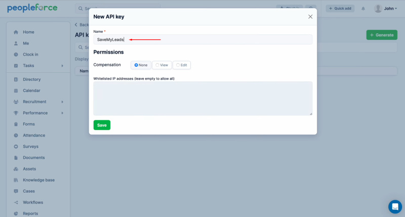 PeopleForce and Facebook integration | Specify a name for the new key