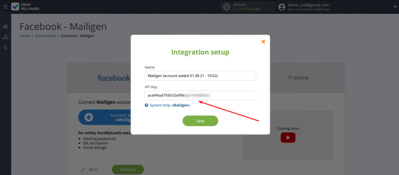 Facebook and Mailigen integration | Insert the API key