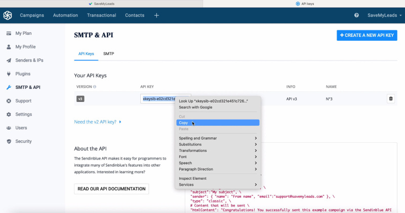 Facebook and Sendinblue integration | Copy the API key