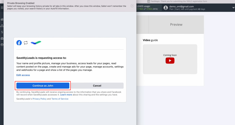 Textmagic and Facebook integration | Click “Continue as…”
