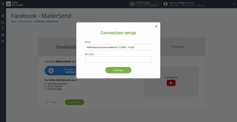 Facebook and MailerSend integration | Window for specifying the API Token