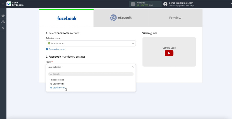 How to Send E-Mail via eSputnik from New Facebook Leads | Advertising page