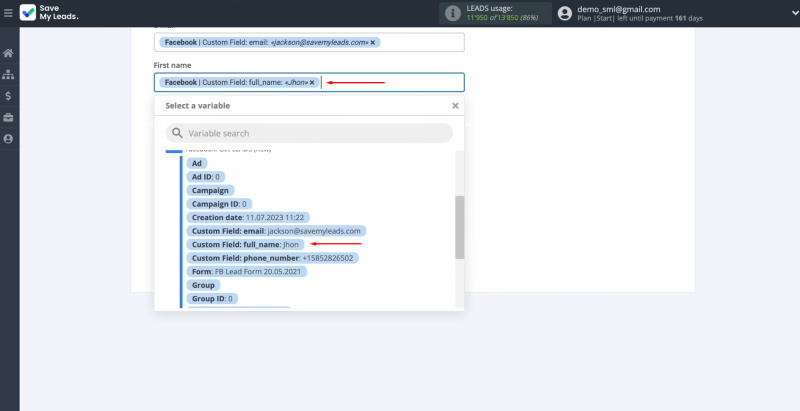 Instantly and Facebook Leads integration | Select a variable from the drop-down list