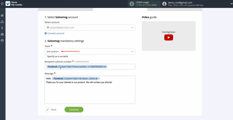 Salesmsg and Facebook integration | Select the team