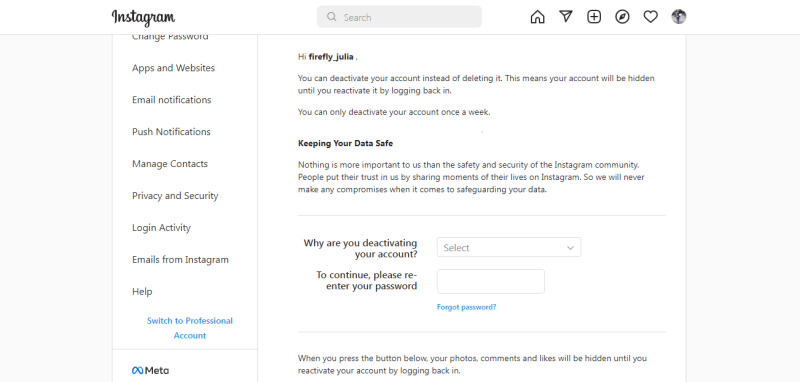 How to delete Instagram account | Enter the reason